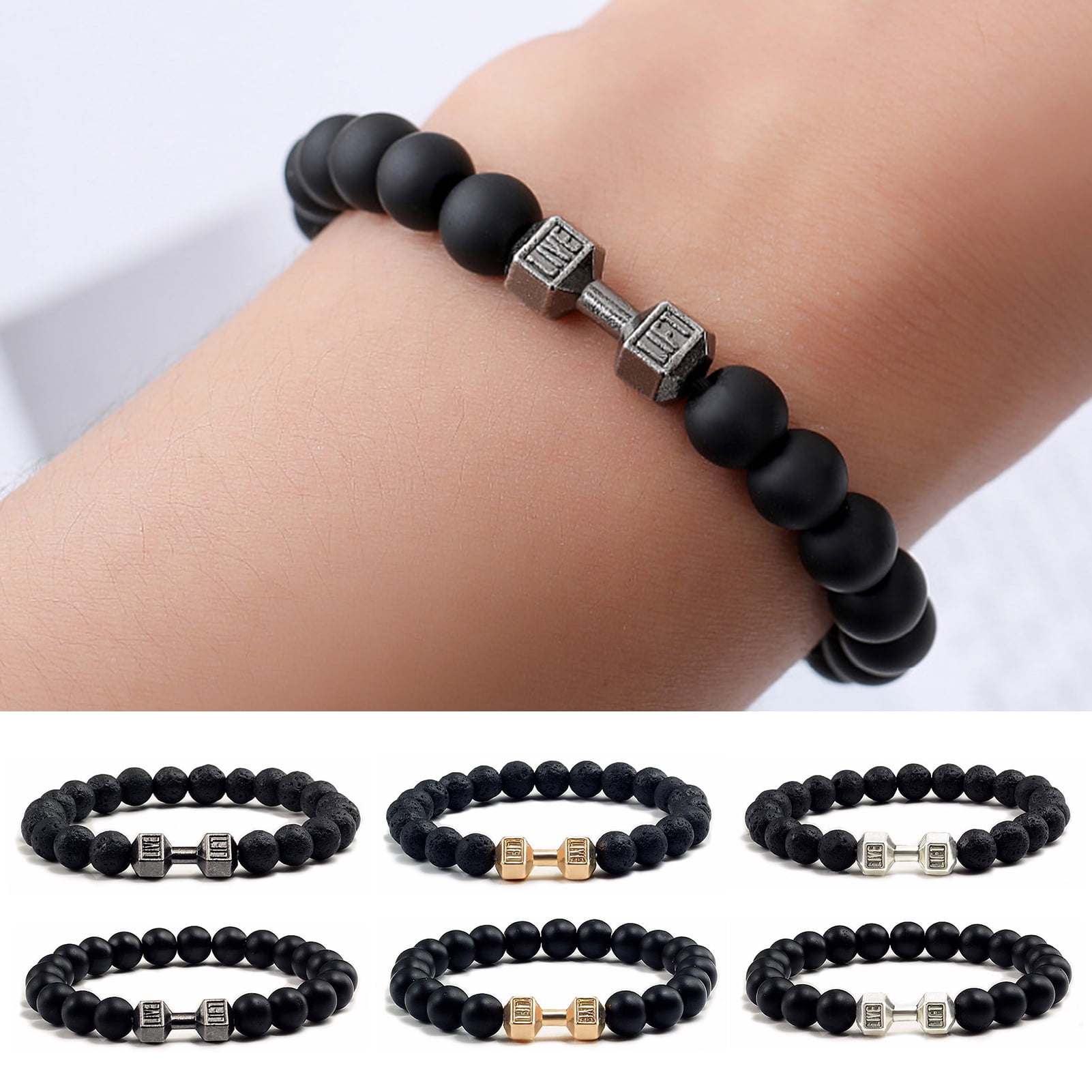 Live lift gym silver dumbbell weight bead stretch bracelet workout