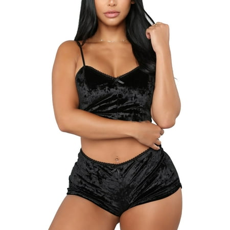 

Women s Sexy Lingerie Velvet 2Pcs Lace Cami Top+Shorts Sleepwear Nightwear Set