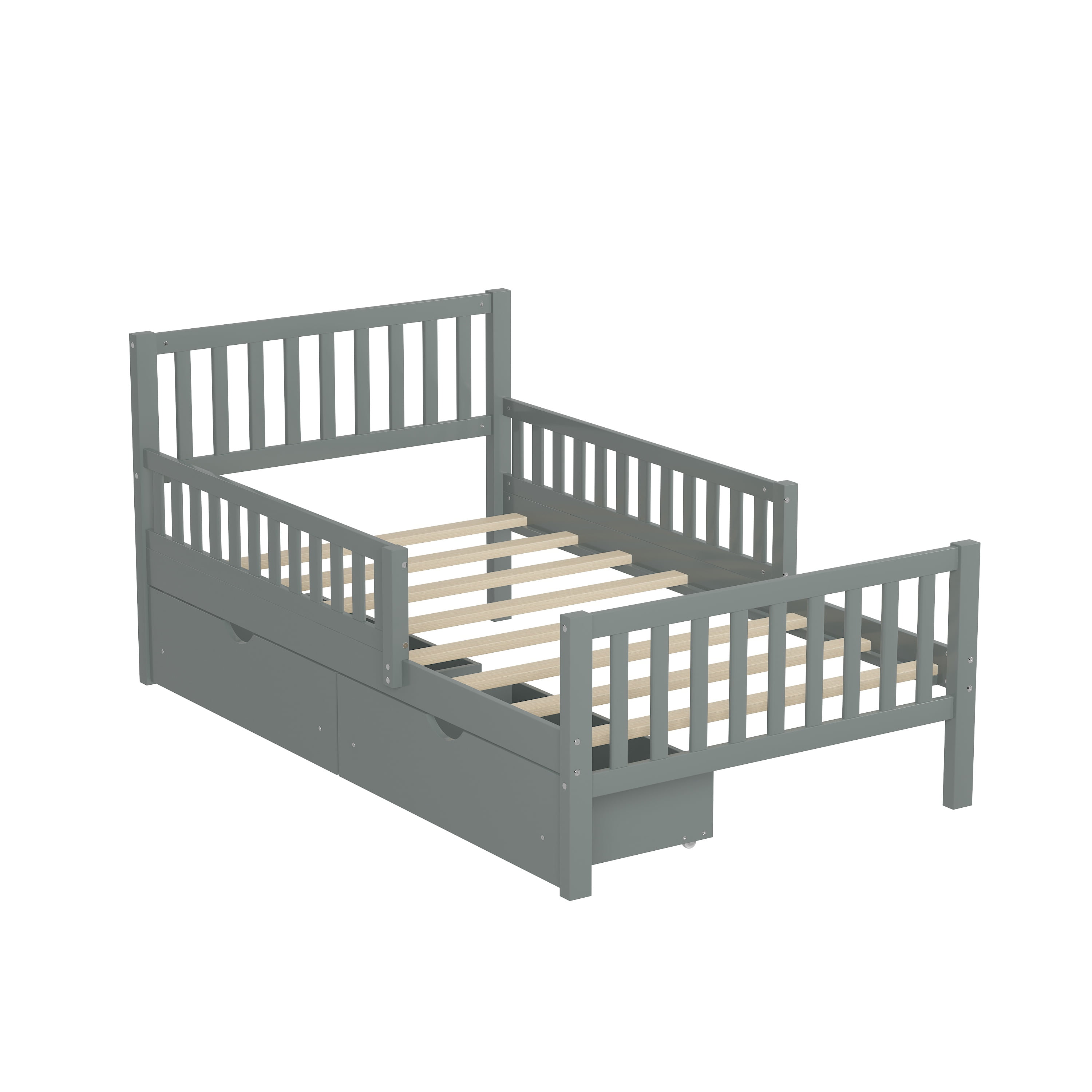 Bellemave Twin Bed with Storage Drawers and Fence Rails, Wood Platform Beds Frame with Headboard, Twin Size Storage Bed for Kids Boys Girls Teens（Gray)