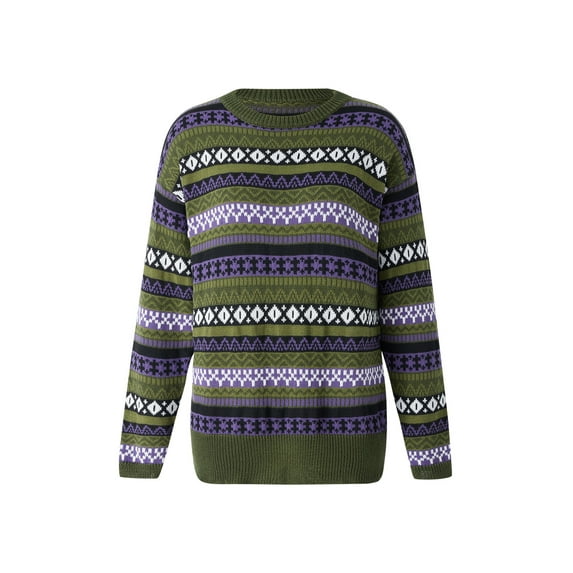 Sedceaty Women's Autumn Winter Casual Sweater Long Sleeve Round Neck Vintage Pattern Print Knitwear
