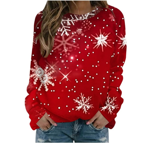 Rbaofujie Oversized Hoodies for Women Christmas Women Fashion Casual Print Round Neck Loose Long Sleeve Tops Blouse Sweatshirts Red Halloween Hoodie