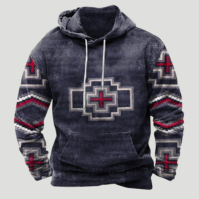 YanHoo Aztec Cowboy Hoodies for Men Fashion Hoodies Sweatshrits Sherpa Lined Western Aztec Ethnic Hooded Casual Long Sleeve Vintage Pullover Fall