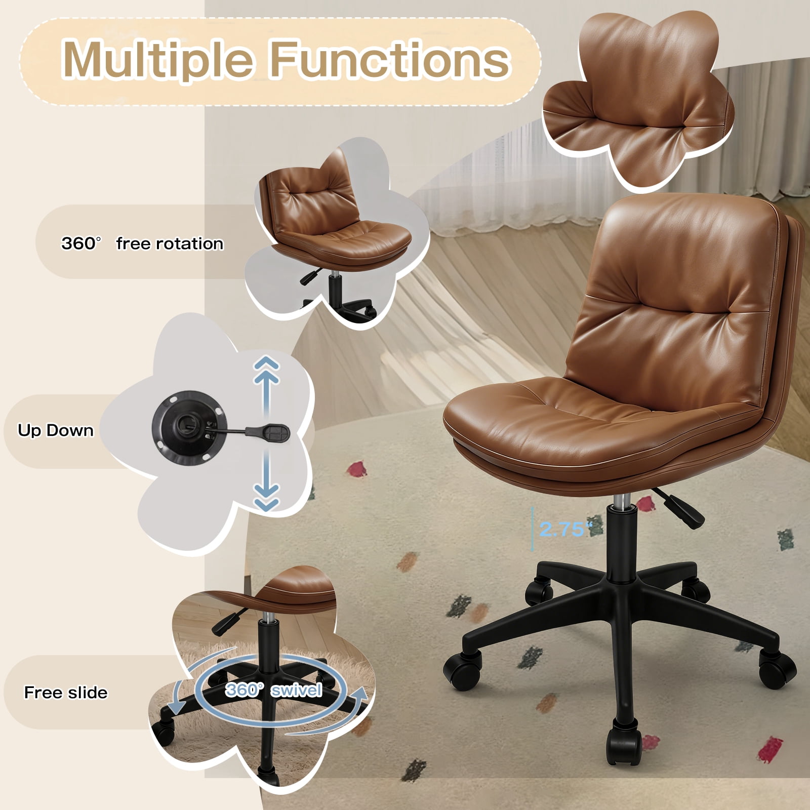 Vanity Chair with Back, PU Leather Swivel Office Desk Chair, Height Adjustable Armless Chair for Small Spaces, Bedroom, Vanity, Home Office Brown