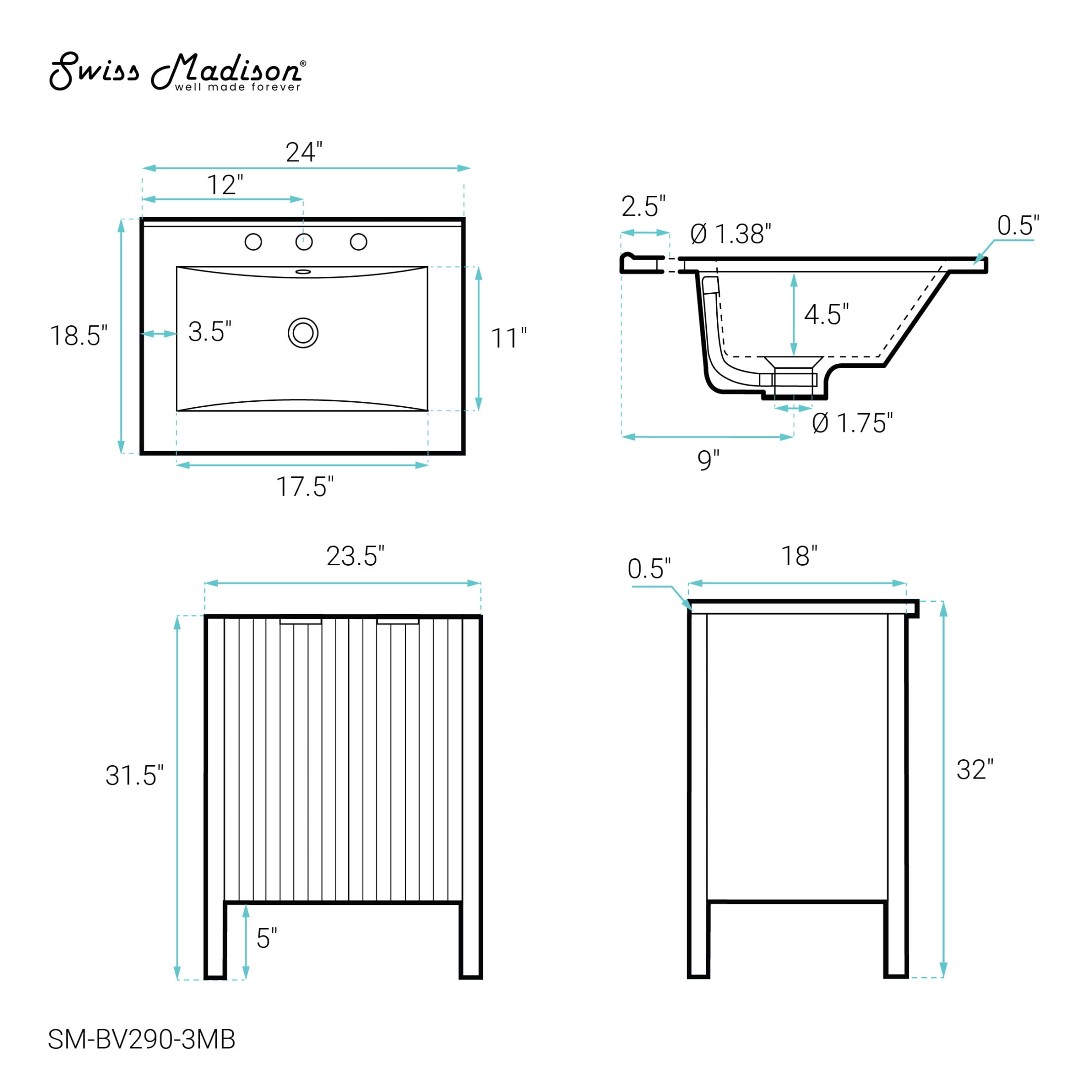 Bastille 24 in. White Bathroom Vanity With Black, 3-Hole Ceramic Sink Top
