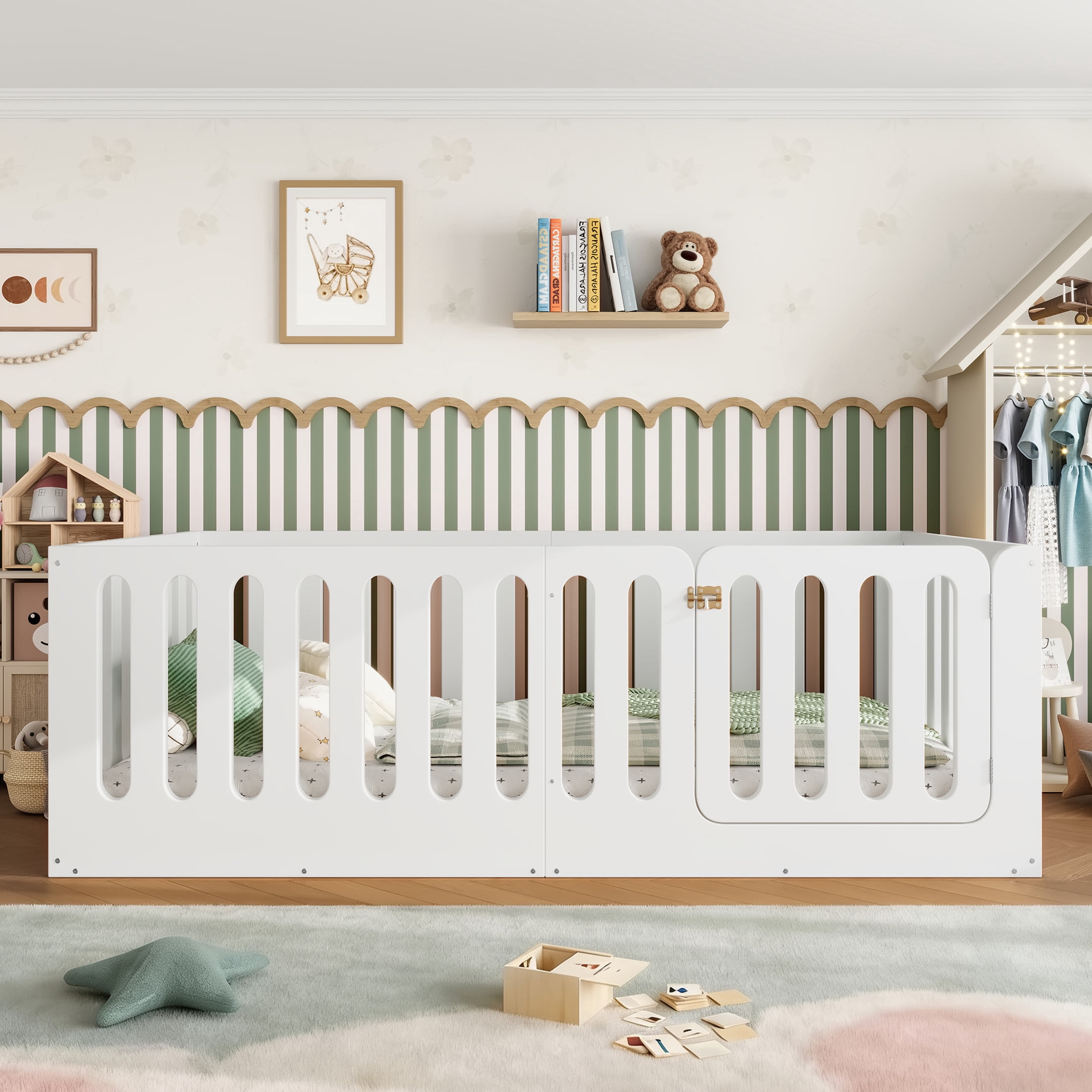 Noble House Twin Size Montessori Floor Bed with High Fence, Solid Wood Kids Bed Frame, White
