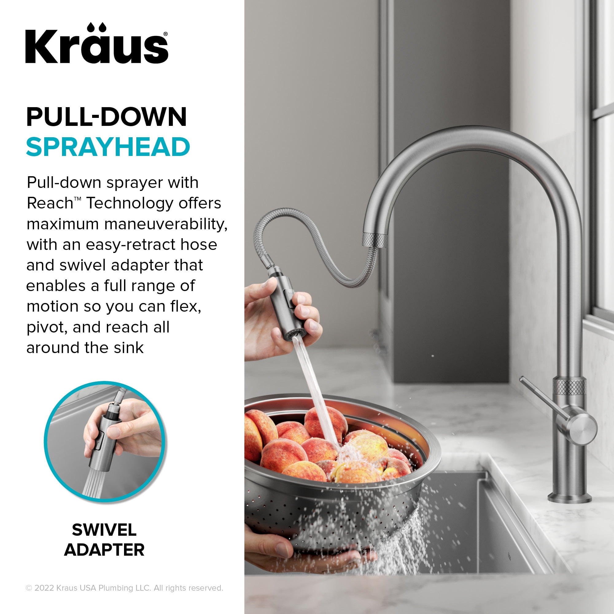 KRAUS Oletto Modern Industrial Pull-Down Single Handle Kitchen Faucet in Brushed Gold