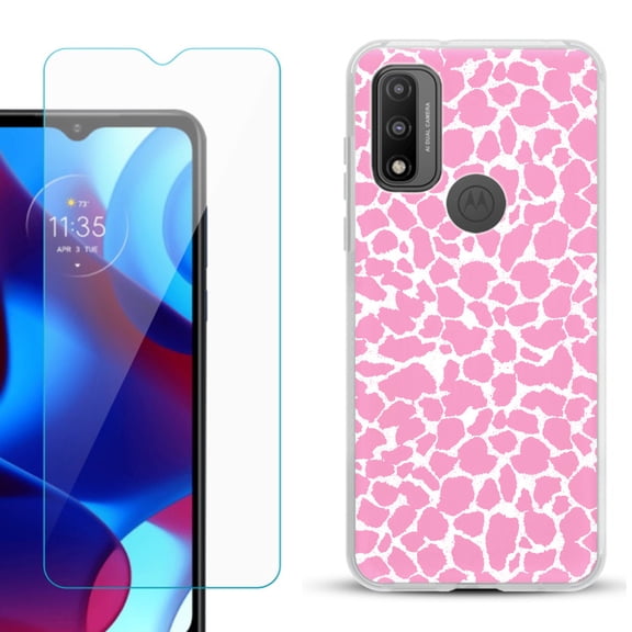 Slim-Fit Gel TPU Phone Case for Motorola Moto G Pure, with Tempered Glass Screen Protector, by OneToughShield ® - Giraffe/Pink