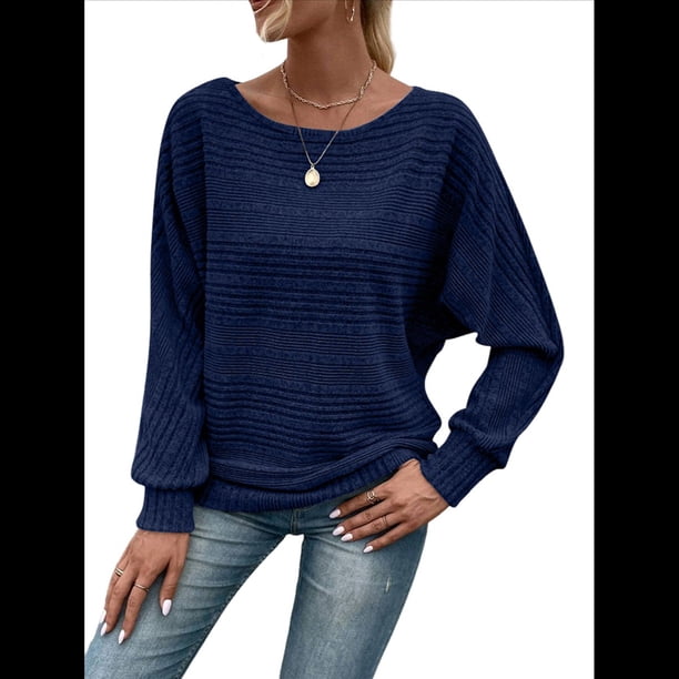 Blusas de Larga Suaves para Mujer, Cuello Redondo, Estilo Jersey, Informales, de Punto, con de Murciélago, Grandes, 2025 Azul Marino XXL
