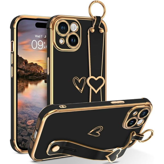 iPhone 15 Case, iPhone 15 Phone Case Love Heart Cute Case with Wristband Kickstand Holder Soft TPU Plating Bumper Protective Shockproof iPhone 15 Phone Case Cover for Girls Women, Black