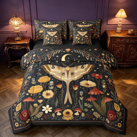 Homewish Boho Moth Twin Bedding, Hippie Flower Mushroom Bedding Comforter Set, Black Reversible 7-Piece