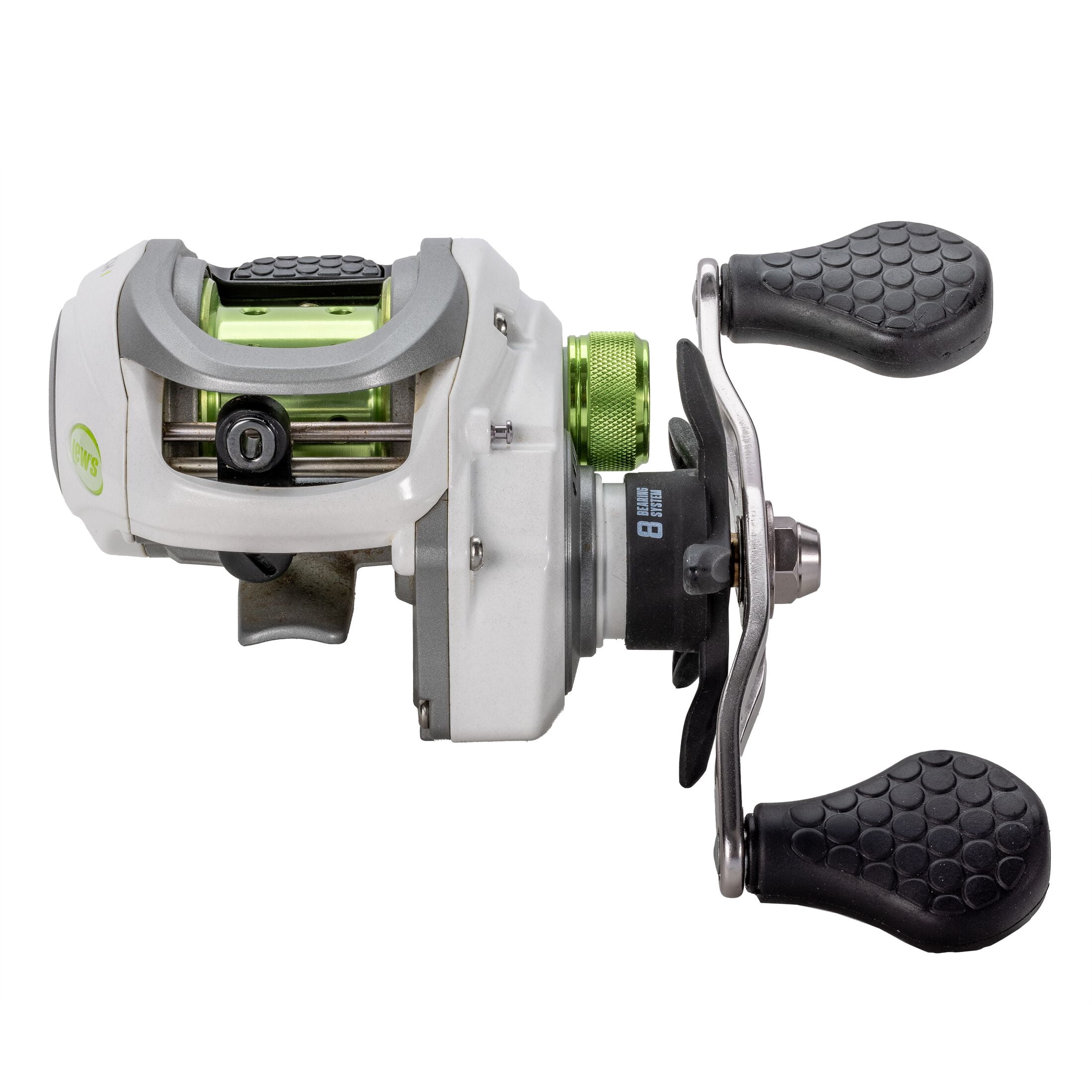 Lew’s MACH 1 SS Baitcast Fishing Reel, 7+1 Bearings, 7.5:1 Gear Ratio, Graphite Frame and Sideplate, Shallow Spool, Multi-Setting Brake, Combat Grips, Left-Hand Retrieve, White/Gray/Green