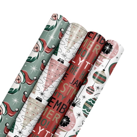 LaRibbons 30" x 10' Christmas Wrapping Paper Bundle 4 Pack, Retro Santa Cheer