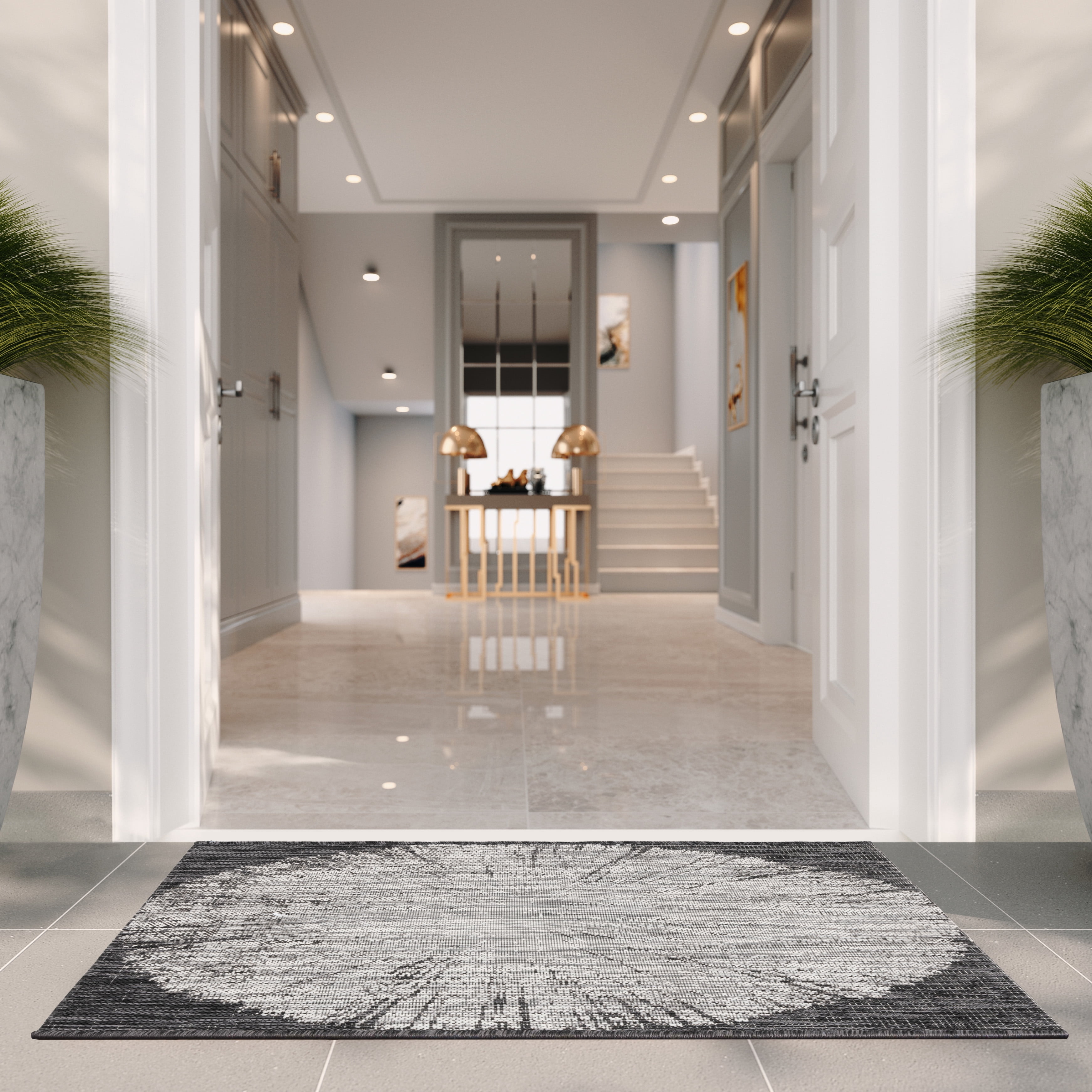 SAFAVIEH Courtyard Jaymz Radiant Indoor/Outdoor Area Rug, Grey/Black, 5'3" x 7'7"