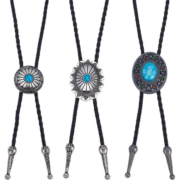 3Pcs Vintage Bolo Tie Turquoise Western Cowboy Leather Necktie Adjustable Handmade Pendant Necklace Oval Round Shape Native American Bola Tie Costume Accessories for Men Women