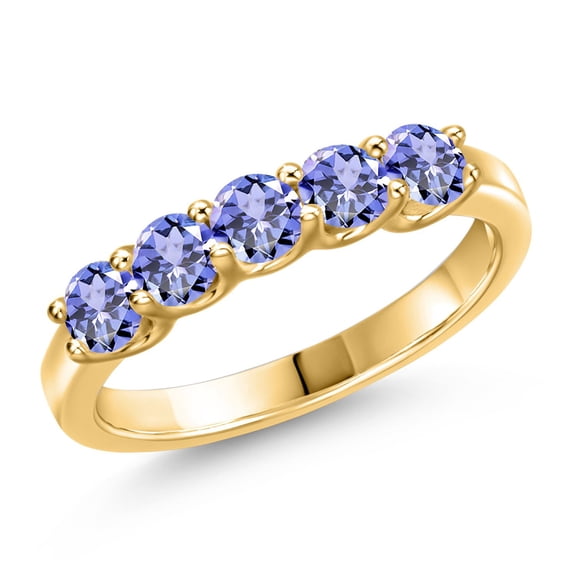 Gem Stone King 18K Yellow Gold Plated Silver Blue Tanzanite Wedding-Bands Ring for Women | 0.90 Cttw | Round 3.5MM | Gemstone December Birthstone | Size 9