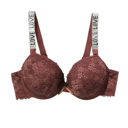

Female Bra Print Gather Shoulder Strap Diamond Decor Anti Sagging Spring Summer Underwear For Women