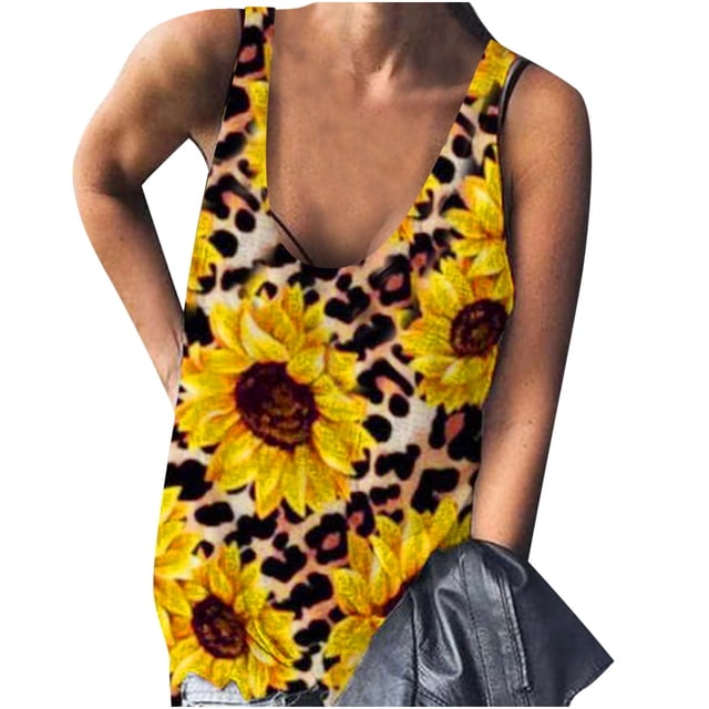 Moda mujer Sexy cuello en U estampado sin mangas ajuste camiseta sin mangas blusa Camis chaleco Fridja gh6436