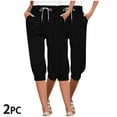 thumbnail image 2 of Diufon 2pc Womens Capris Pants Summer Solid Color Pants Elastic Waist Drawstring Pants with Pockets, 2 of 7