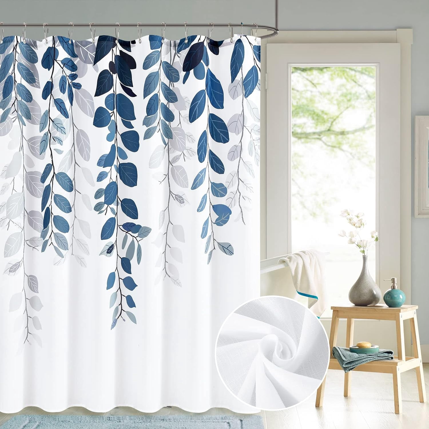 Extra Long Blue Eucalyptus Shower Curtain for Bathroom Floral Watercolor Leaves Spring Shower Curtain Vine Botanical Shower Curtain Natural Navy Bath Curtain Bathroom Decor 72x78