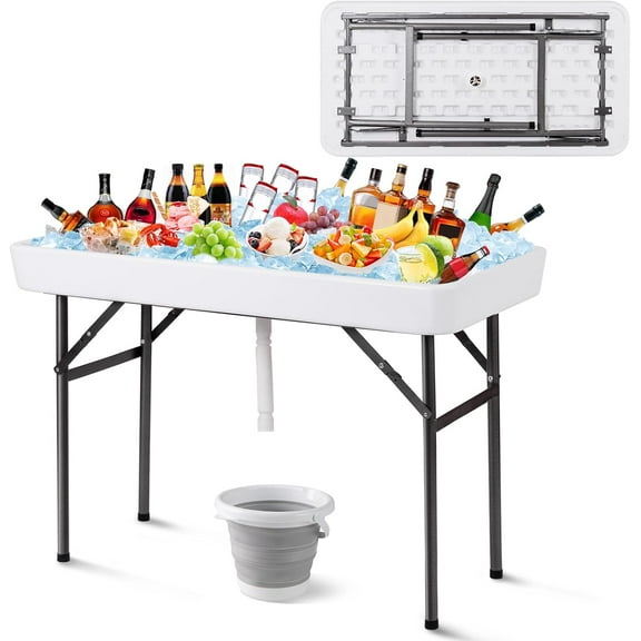 PRZL 4 Foot Ice Cooler, Outdoor Buffet Cold Food Keeper w/Matching Skirt & Drain Plug, Portable Tailgate Camp Fishing Cleaning Table, Ice Bin Folding Chill Table for Party, Picnic, BBQ