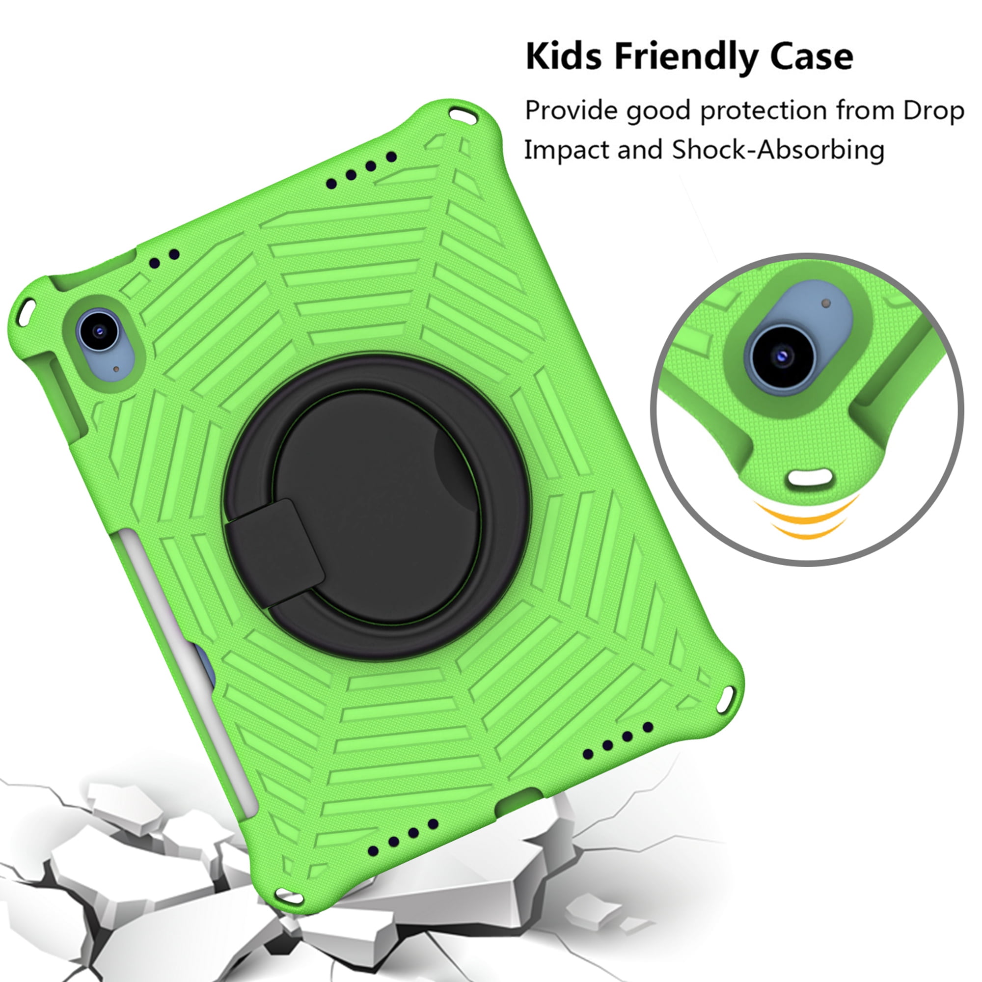 TECH CIRCLE iPad 10th Generation Case 2022 10.9 inch A2696 A2757 A2777, Heavy Duty Rugged Silicone Case with Swivel Ring Stand/Stable Kickstand/Shoulder Strap/Pencil Holder, Green