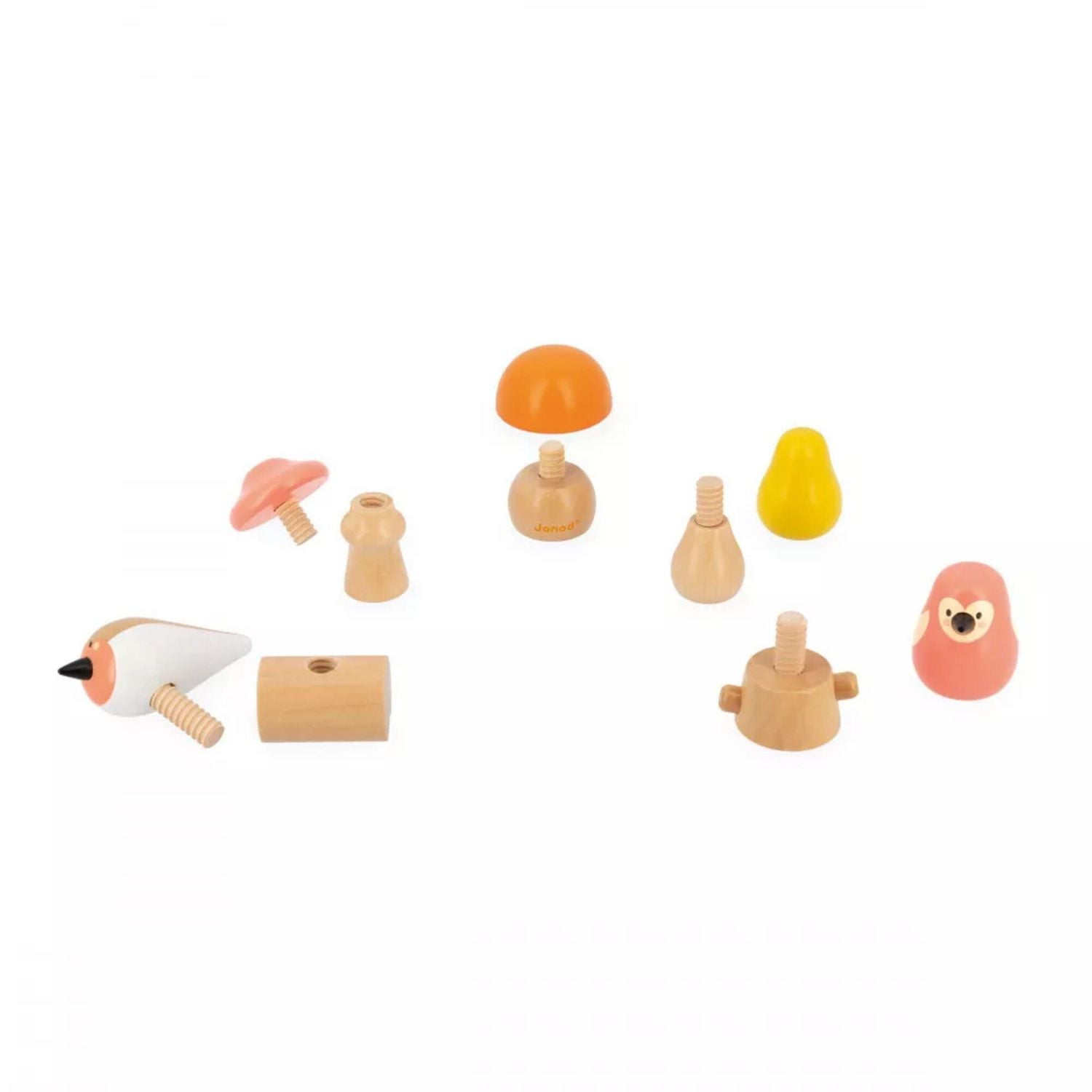 Janod - Birds and Mushrooms Screw On - Stacking and Building Toy - Manipulation and Handling Game - Wood - Early-Learning - For Babies and Toddlers - From 18 Months - J08643