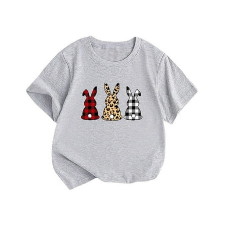 

LIhncine T Shirts for Girls Summer New Children s Clothing Fashion Girls Short Sleeve T Shirt Easter Bunny Printed Round Neck Children T Shirt Cute T shirts for Teen Girls(Grey 0-2 Years)