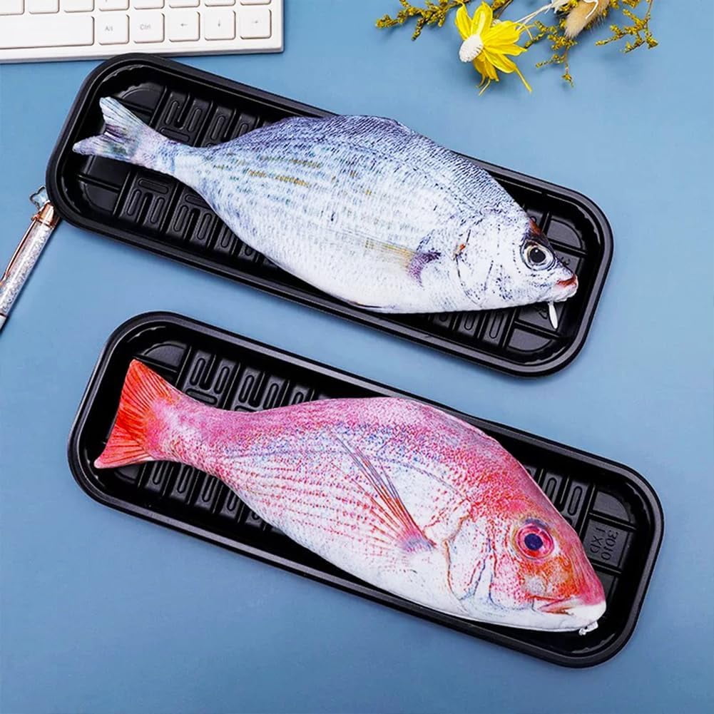 ABPETE 2pcs Fish Pencil Case Novelty Fish Pen Bag Fish Coin Purse Funny Pencil Case with Padded Thick Foam Lining Fish Gifts for University Classroom Supply(Vivid Style,Blue & Red)