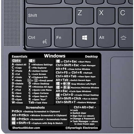 CLEARANCE! Windows PC Reference Keyboard Shortcut Vinyl Sticker, Laminated, no-Residue Adhesive, for Any PC Laptop or Desktop SM: 3"x2.5" (Black)1 PACK