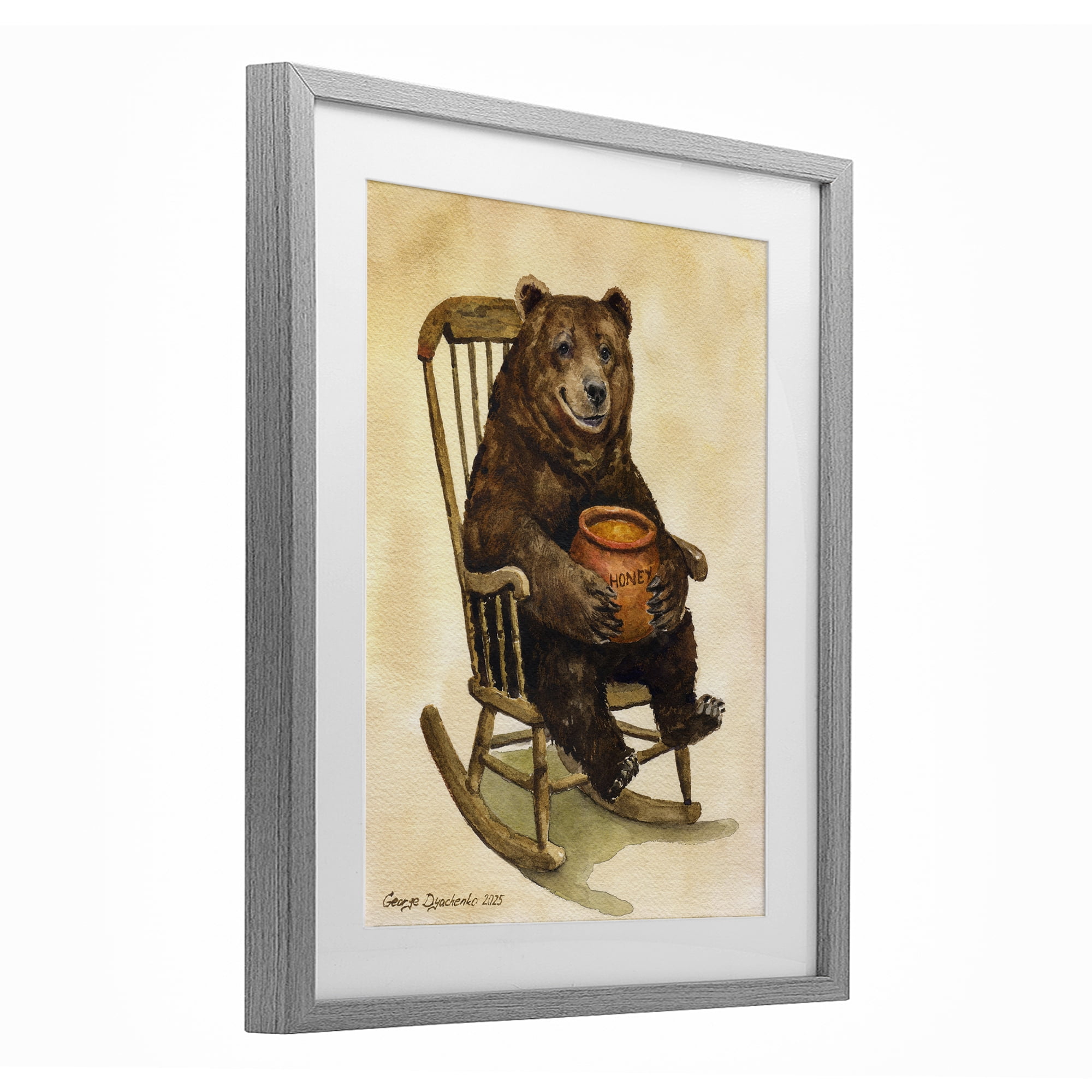 Stupell Industries Happy Bear & Pot of Honey Gray Framed Print Under Glass, design by George Dyachenko
