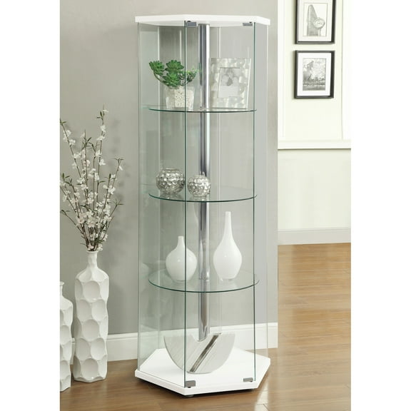 Tenley White 4-Shelf Hexagonal Clear Glass Curio Cabinet