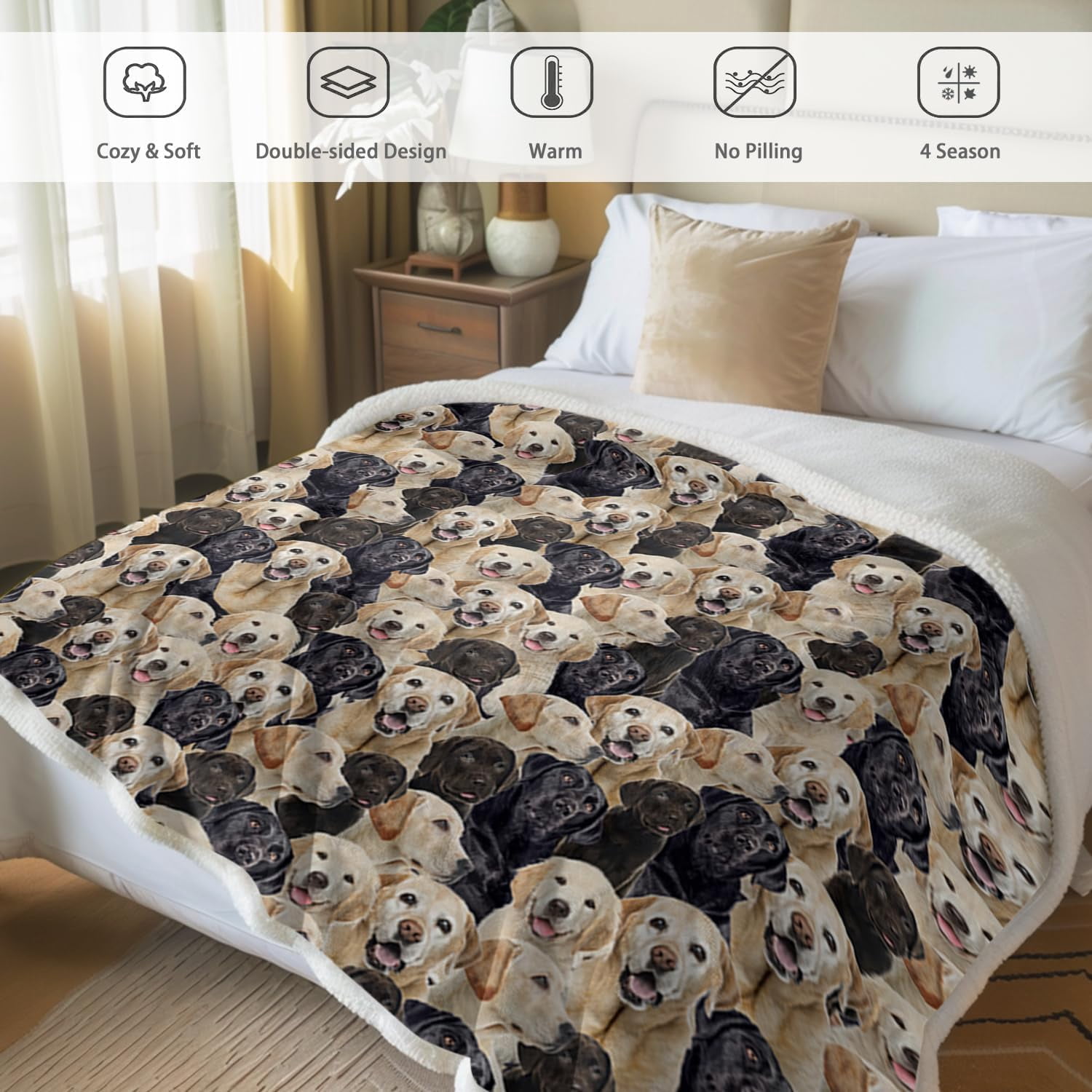 Labrador Throw Blanket Golden Retriever Fleece Blanket for Kids Adults Cute Puppy Sherpa Blanket Black Yellow Animal Print Lightweight Thick Plush Blankets Women (50"x60")