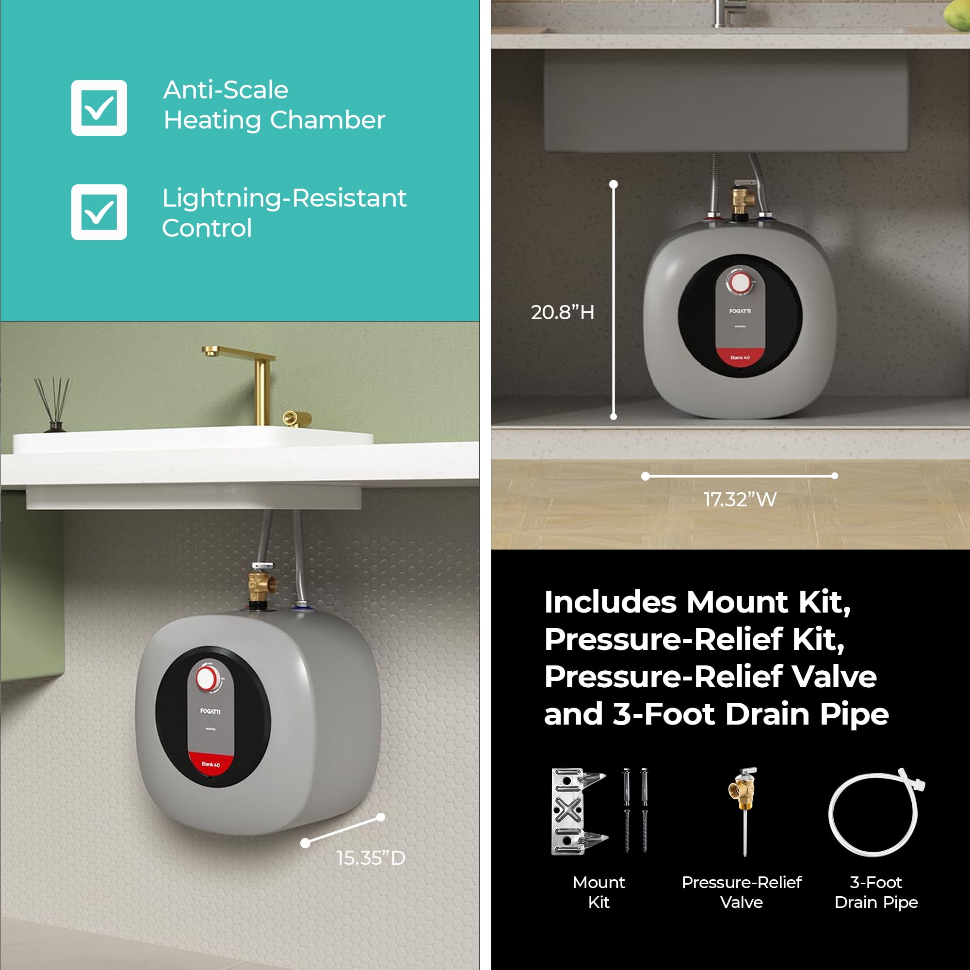 Fogatti 8 Gal 1440W Electric Mini Tank Water Heater, Wall/Floor Mount