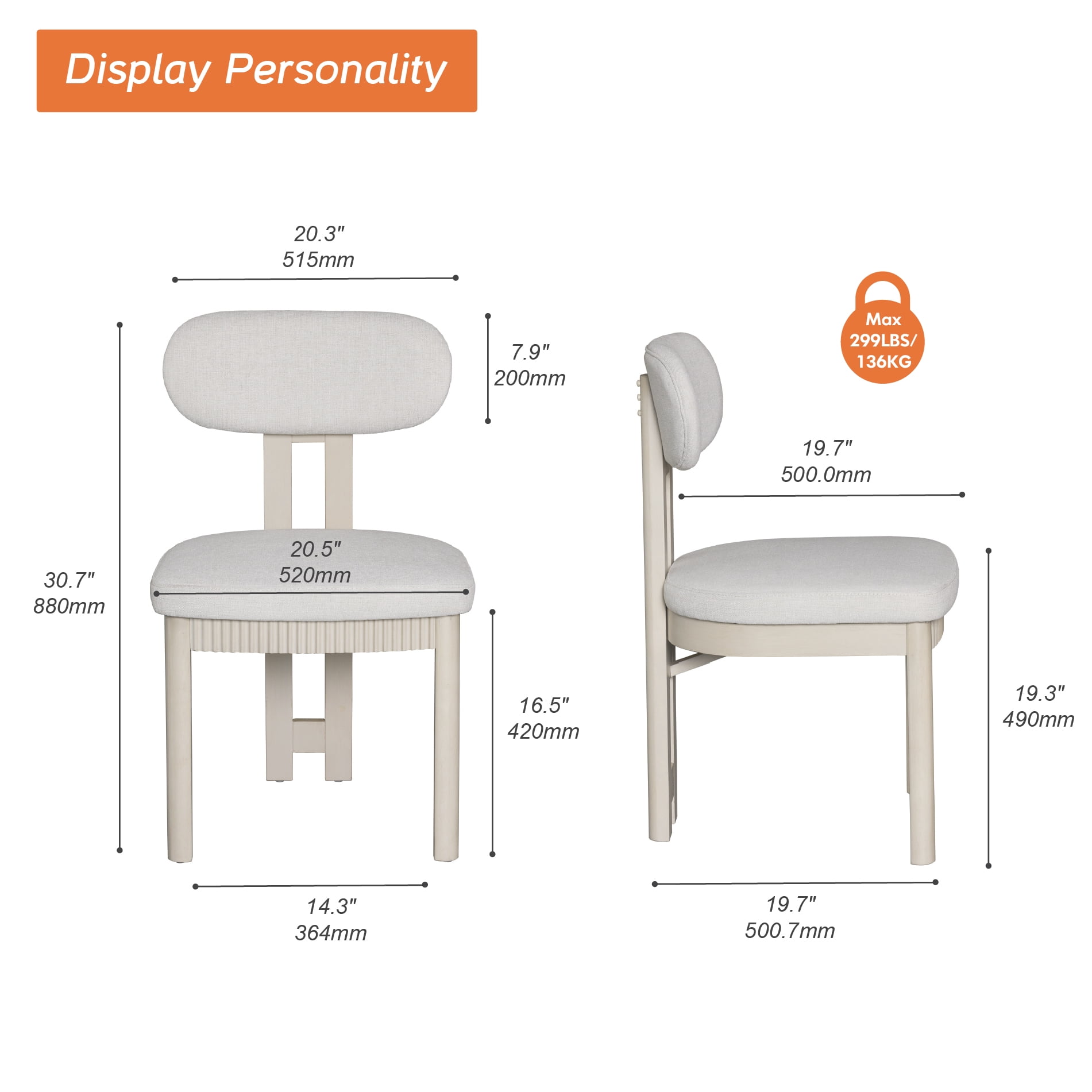 Mid-Century Modern Dining Chairs Set of 6,Polyester Linen Fabric Kitchen Chairs with Solid Wood Legs and Fluted Apron, Armless Side Chairs with Curved Backrest For Dining Room, Living Room