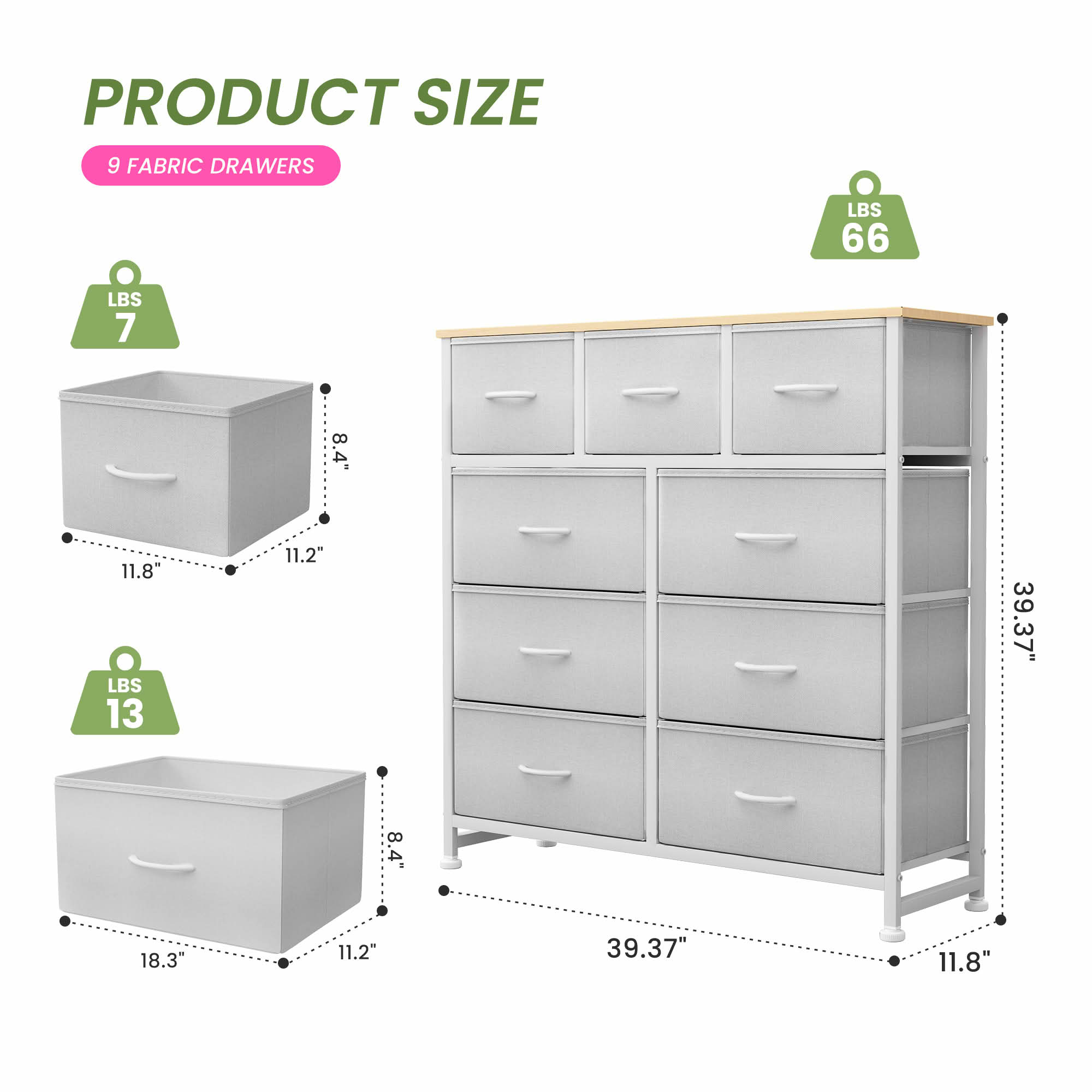 MAYEERTY Tall Fabric Storage Dresser Tower with Wooden Top, Multi Drawer Organizer Cabinet for Nursery Kid Room Closet Entryway