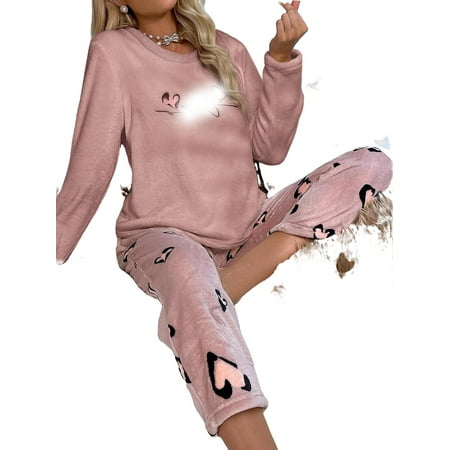 

Cute Letter Round Neck Pant Sets Long Sleeve Dusty Pink Womens Pajama Sets (Women s)