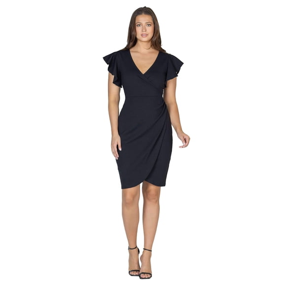 24seven Comfort Apparel Womens V Neck Ruffle Sleeve Knee Length Dress-R0066303-BLAC-M