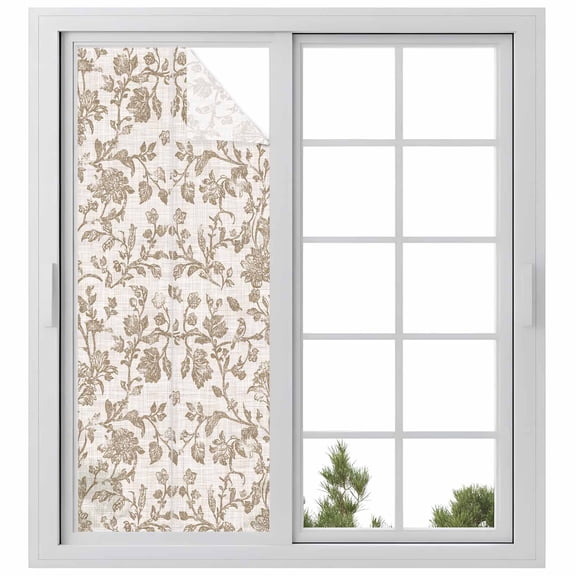 Farmhouse Khaki Privacy Window Film, Decorative Frosted Glass Window Film, Vintage Flower Leaf Botanical Plant Reusable Peel and Stick Static Cling for Home Bathroom Office Glass Door 23.6"x59"