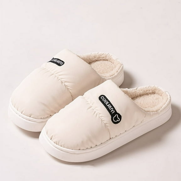 Winter Waterproof Cloth Indoor Mules Couple Non-slip Slides Warm Fluffy Slippers for Women Men Ladies Home Casual Cotton Shoes (Beige,40-41)