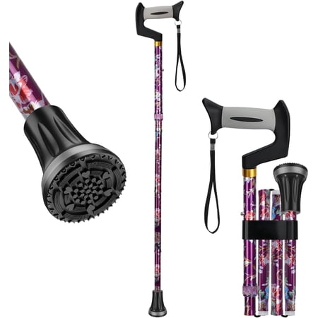 SupreGear Adjustable Folding Walking Cane, Ergonomic T-Handle Mobility Stick for Adults, Floral Purple