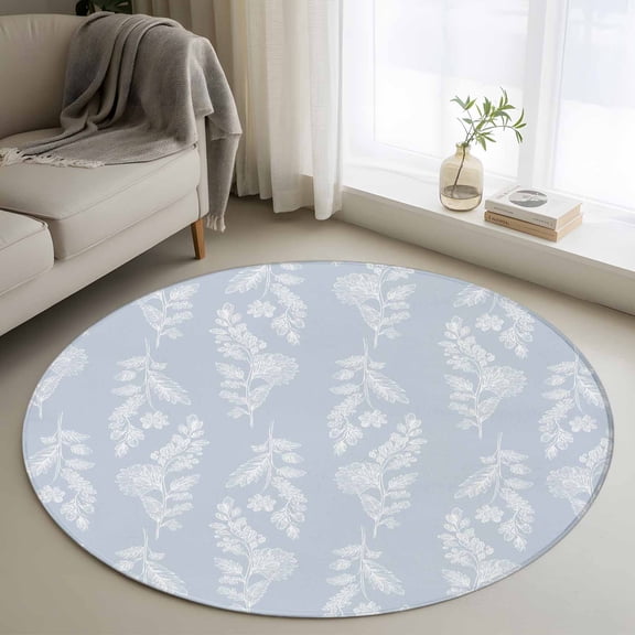 Light Blue Botanical Round Area Rug 4Ft Washable Circle Rugs for Bedroom Dining Room, Pastoral Elegant Spring Floral Non-Slip Carpet Floor Mats Indoor Outdoor Carpet Runner Aesthetic Home Decor