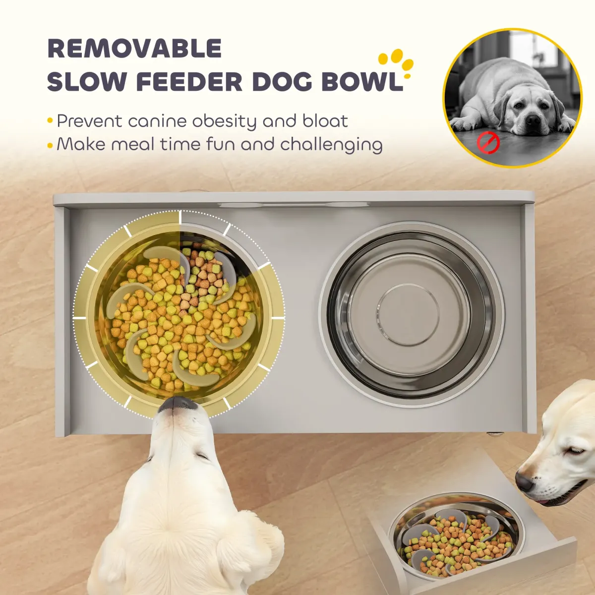 Elevated Dog Bowls with 2 Stainless Steel Bowls (Slow Feeder & Water Bowl) 13.2 Gal Hidden Storage 13.8" Ergonomic Height for Large Dogs (19.7"-23.6" Shoulder) Gray Stylish Feeding Station
