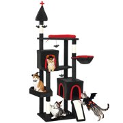 PawHut Gothic Cat Tree, 78 Cat Tower with Coffin Bed, 2 Spacious Condos, Sisal Scratching Posts, 4 Bat Hanging Balls, Comfy Hammock, Black Halloween