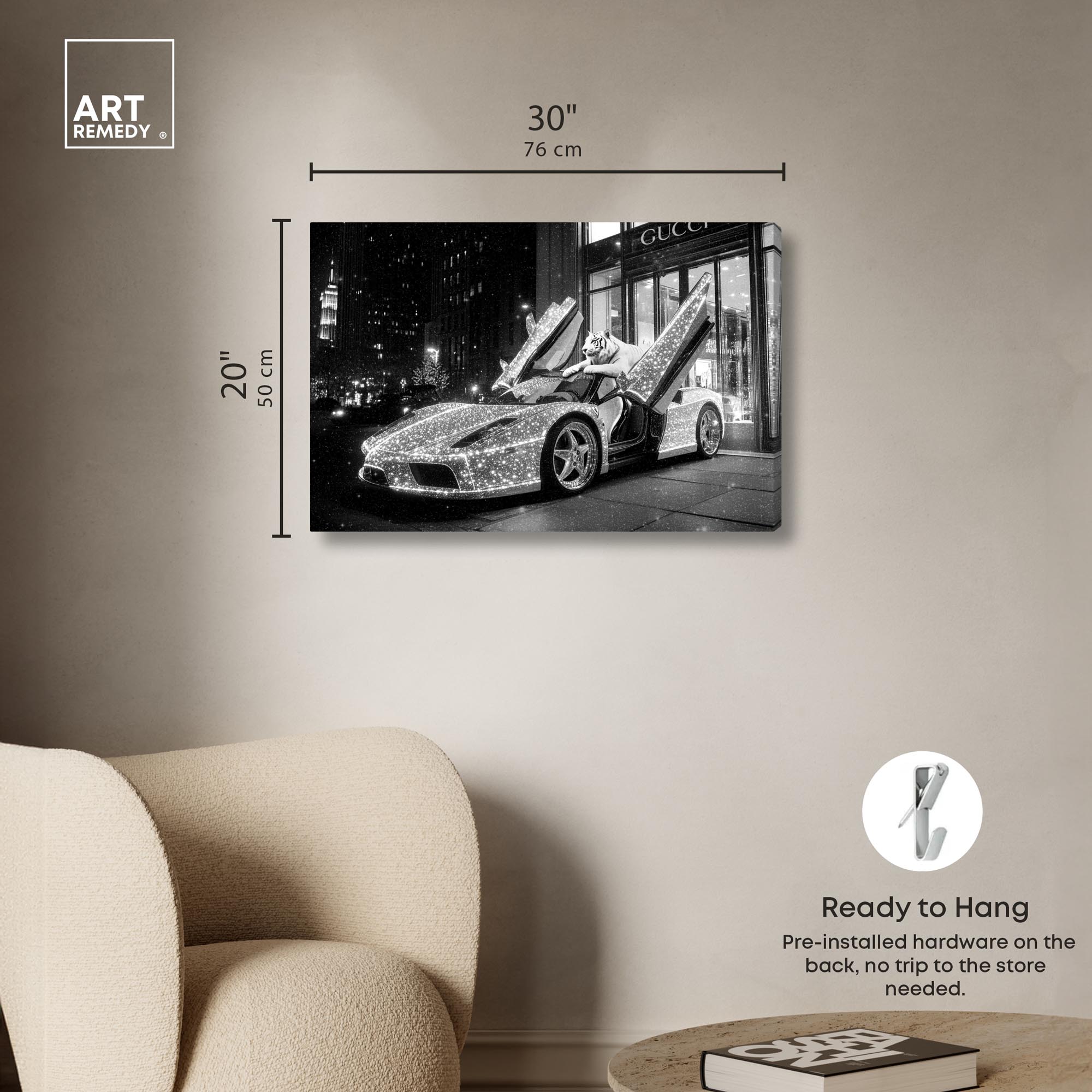 Glistening Tiger and Car Canvas Luxury Cars Prints by Art Remedy, Gallery Wrapped, 30 x 20