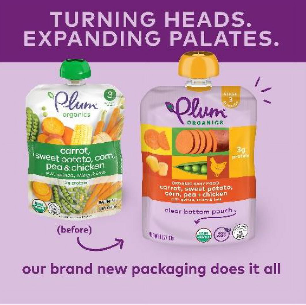 Plum Organics Stage 3 Organic Baby Food, Carrot, Sweet Potato, Corn, Pea and Chicken, 4 oz Pouch - Case of 12