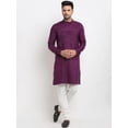 thumbnail image 1 of eloria Men's Traditional Solid Purple Pleated Cotton Blend Thread Work Kurta Pyjama set, 1 of 7