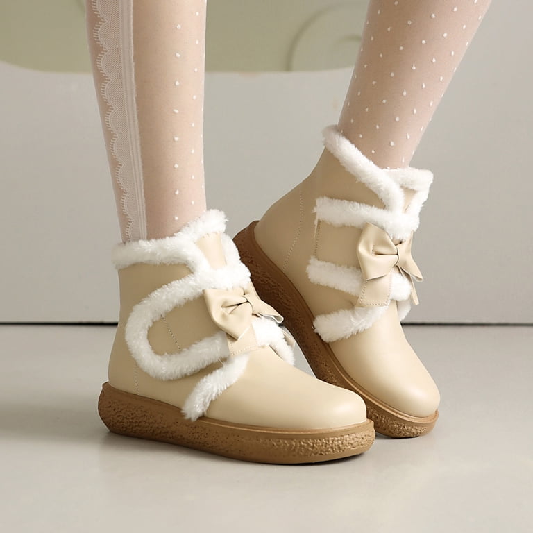 Mostsola Womens Boots Cute Bow Round Toe Furry Lined Flat Booties Platform Lolita Dress Short Boots