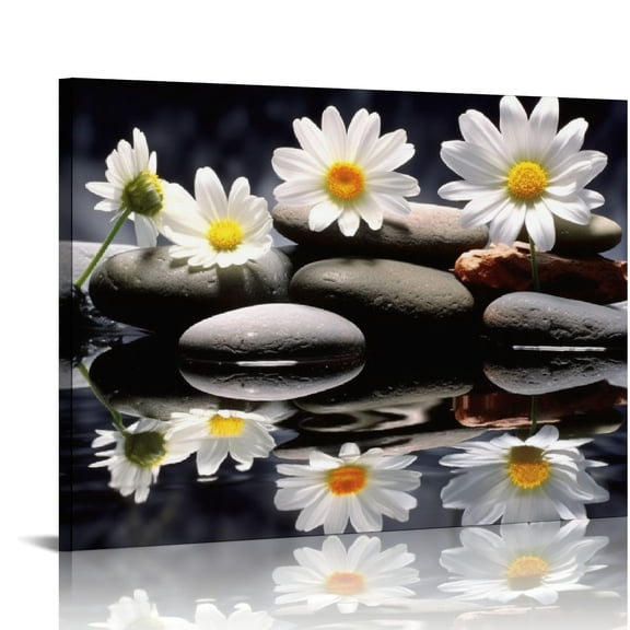 COMIO Black and White Canvas Wall Art Yellow Daisy Pictures Flower and Stone Paintings for Bathroom Living Room Bedroom Office Decoration Framed Still Life Modern Zen Home Decor