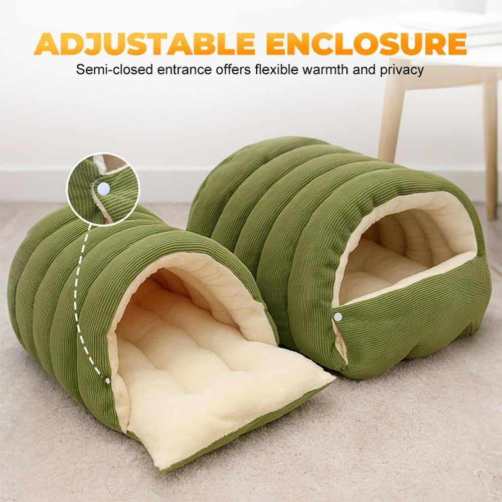 Warmth Cozy Comfort Plush Pet Cave, 2-in-1 Cozy Monster Cat Bed with Removable Cushion, Warm Nest Sleeping Bed Puppy House for Indoor Cats Small Dogs, Foldable Burrow Dog Sleeping Bag(Green,L)