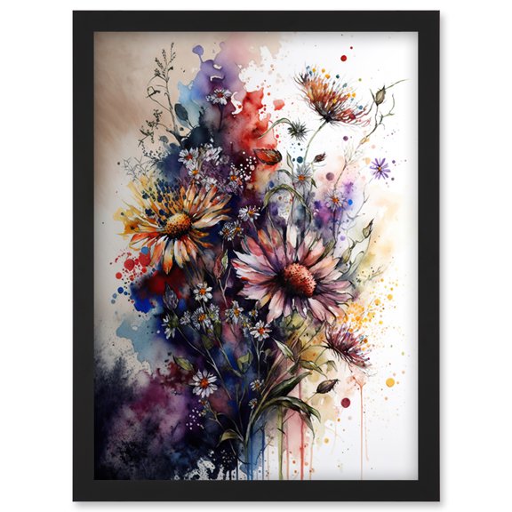 Flower Bouquet over Watercolour Splat Illustration Artwork Framed Wall Art Print A4